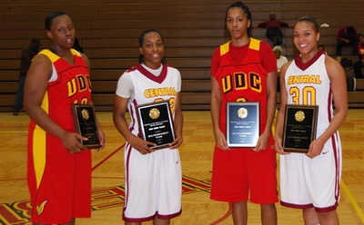 All-Tournament Team Lillian McGill (UDC) MVP, Iniquia Snell (CSU), Julissa Anderson (UDC),Brooklyn Morrow (CSU), not pictured are Ashley Deans (King) and Vanessa Rice (WAU)