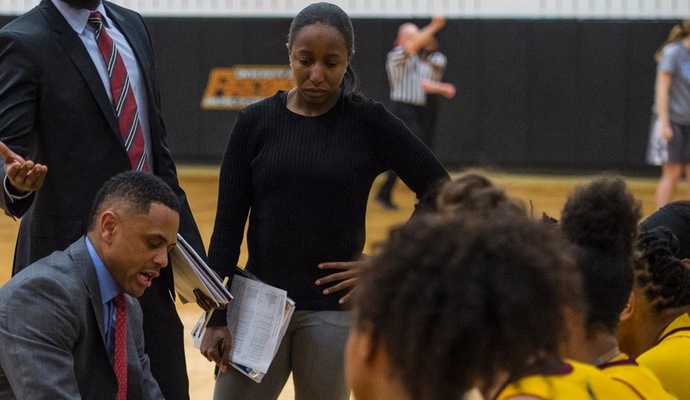 Assistant Women's Basketball Coach Jaresha Obey (standing middle) was selected to attend the Women Coaches Academy.
