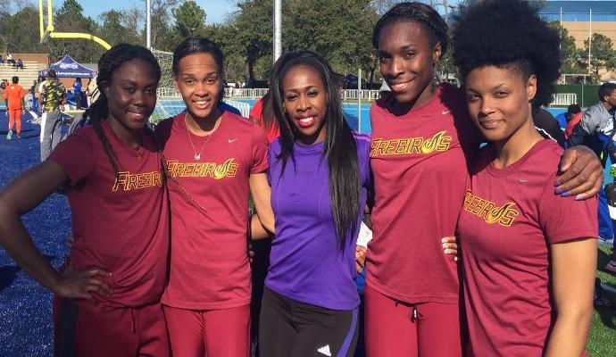 The Firebirds' 4x400M Relay team competed against olympian Francene McCorory (middle).